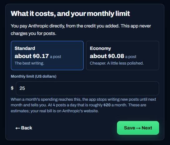 Cost per post and monthly limit screen
